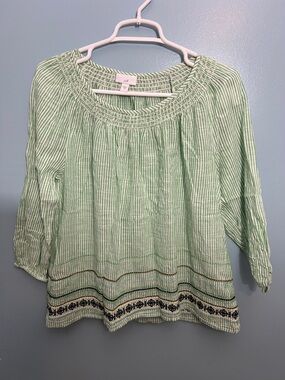 J. Jill Light Green and White Striped Peasant Blouse Sz M